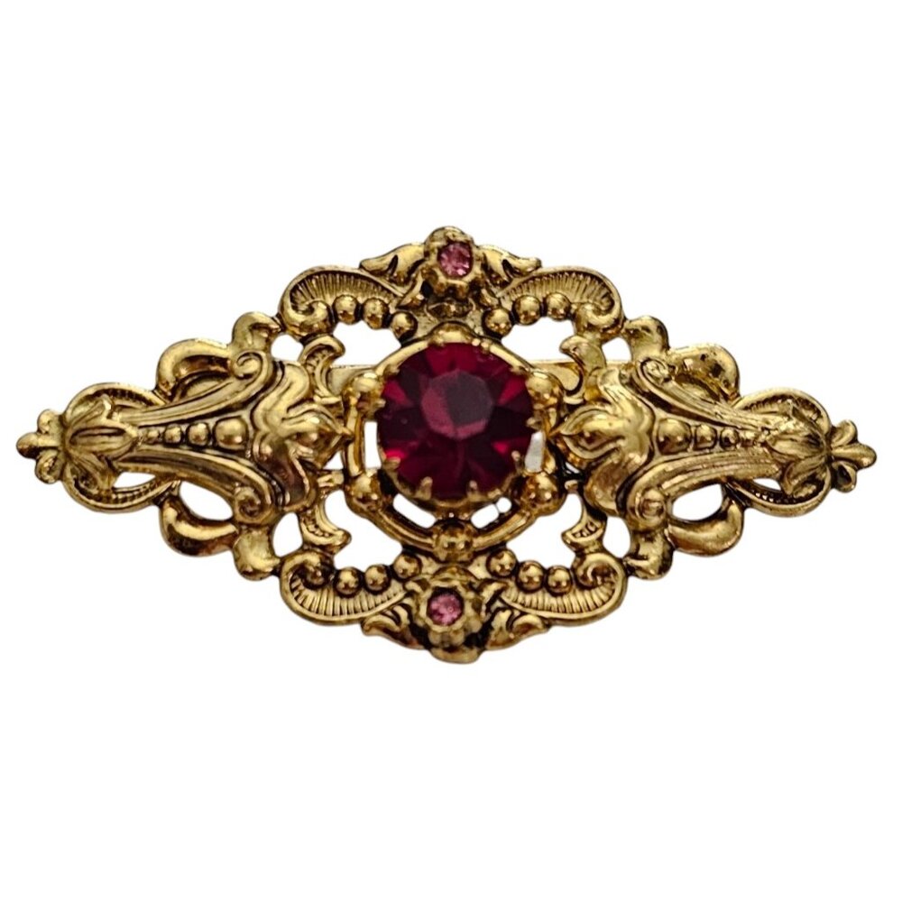 Czech Red Rhinestone Gold Tone Brooch Fleur De Lis Ornate Pin L873